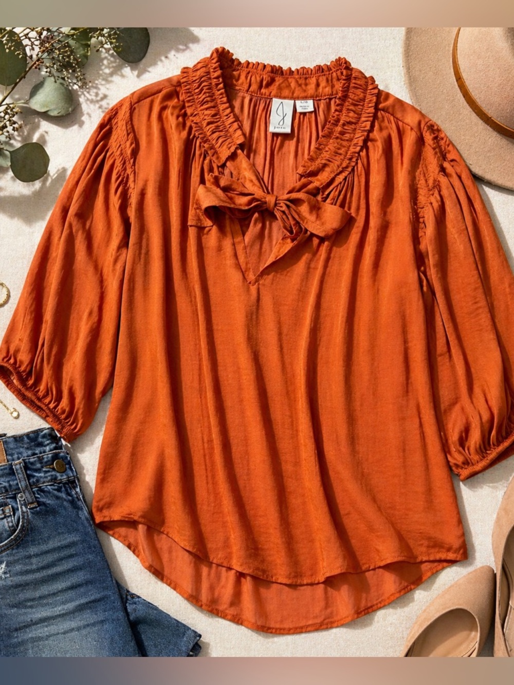 Joie Burnt Orange Ruffle Tie-Neck Blouse